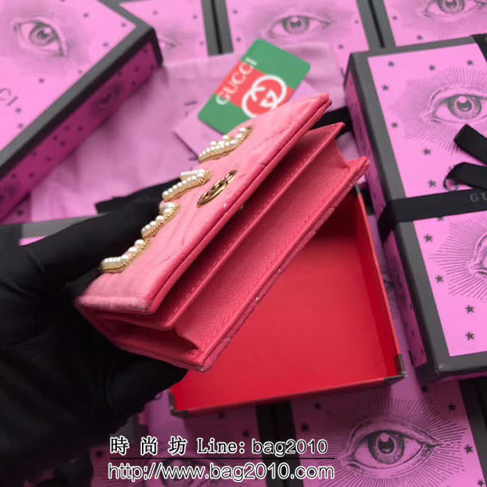 GUCCI古馳 歐洲正品原單 LOVE鑽珠鑲鑽 天鵝絨GG marmont 小卡包 466492珍珠粉 WTG1362